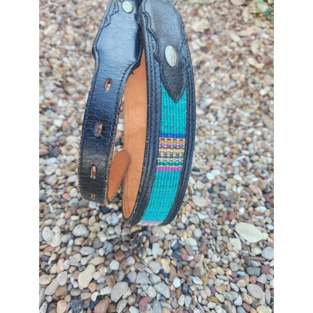 Western DDD Belt Leather Size 34 3-D Silver Belt Buckle Multicolor Insert Cowboy